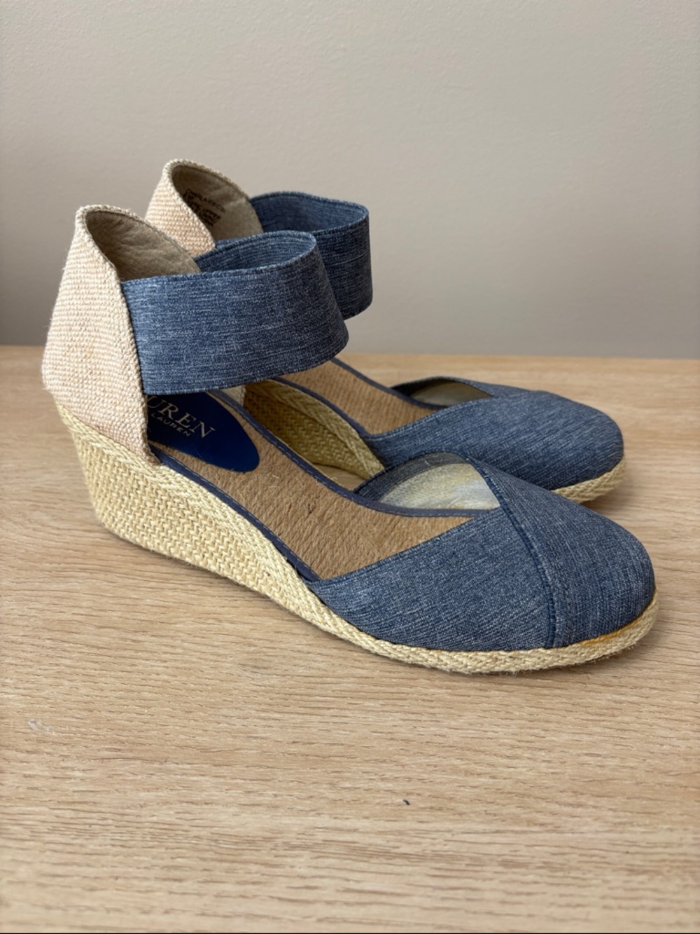 Lauren Ralph Lauren Charla denim blue canvas wedge‎ espadrille sandals size 8.5